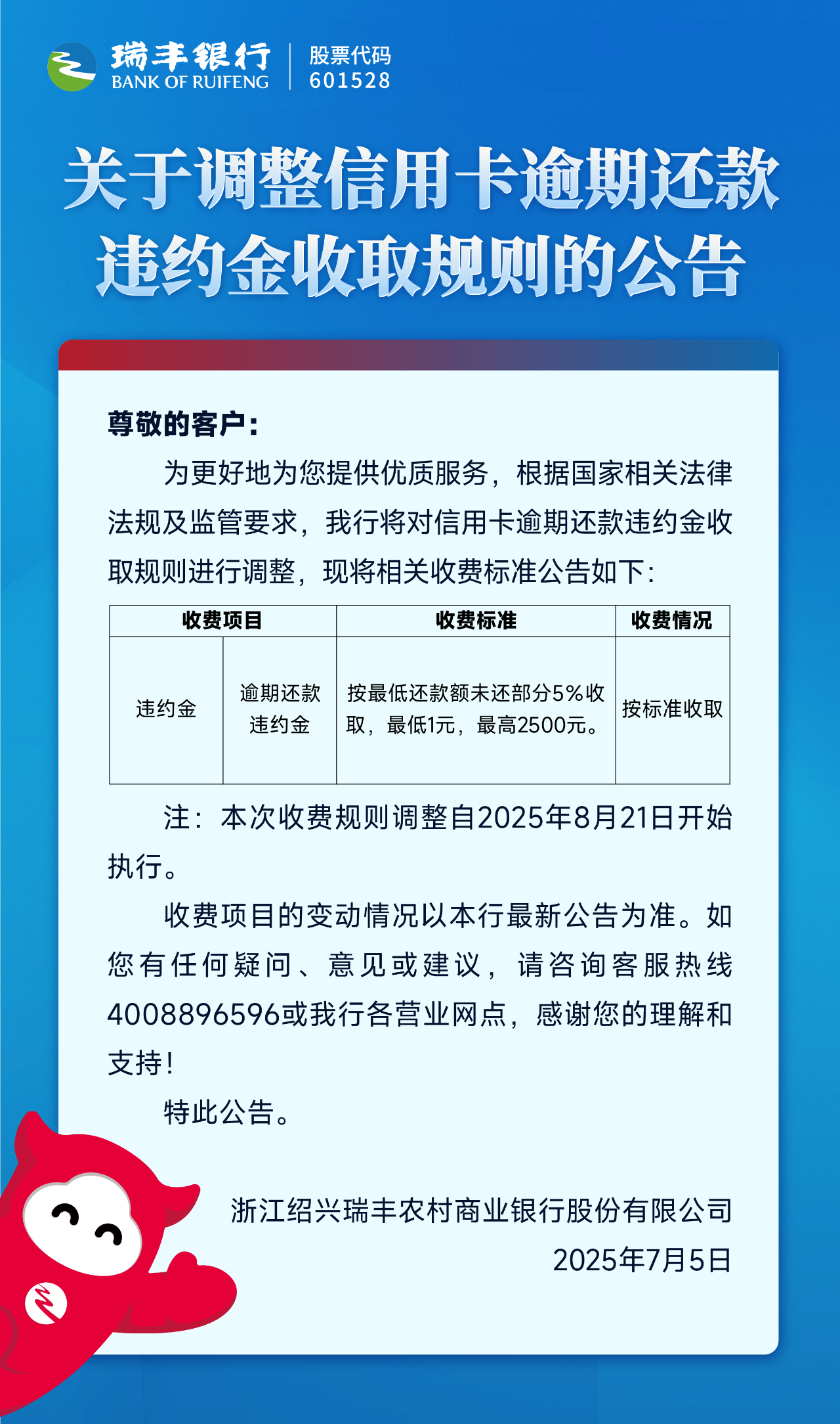 关于调整信用卡逾期还款违约金收取规则的公告